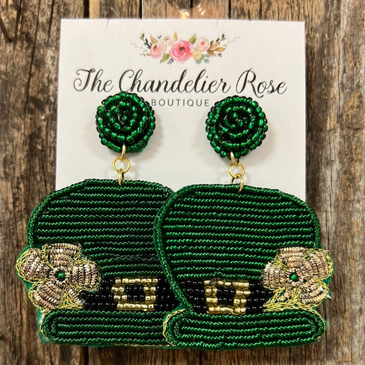 Leprechaun Hat With Clover Seed Beaded Dangle Earrings