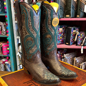 CORRAL WOMEN'S BRONZE AND TURQUOISE EMBROIDERY GLITTERED SNIP TOE BOOT - C3912