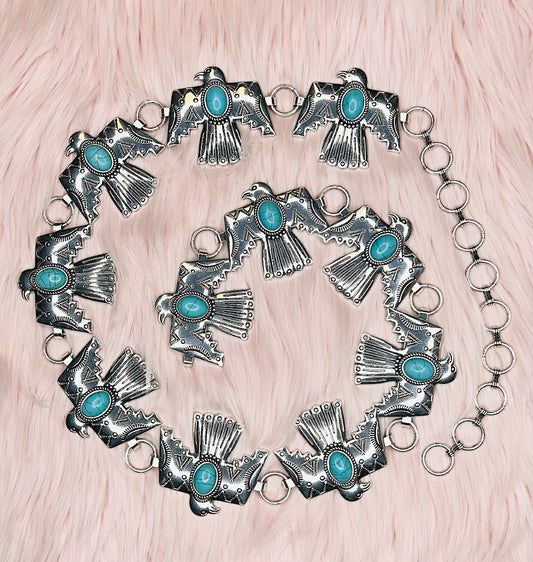 WESTERN THUNDERBIRD SEMI STONE CONCHO BELT - SILVER