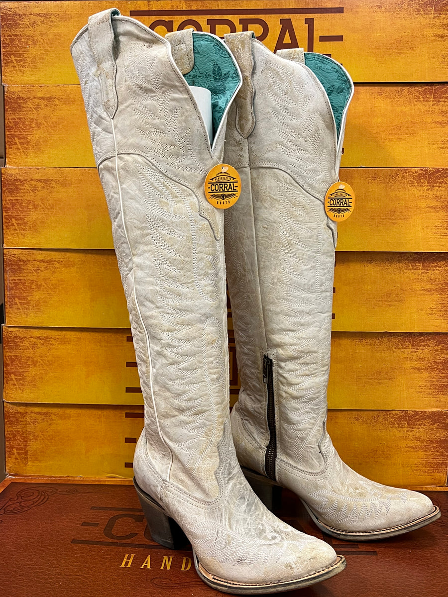 CORRAL WOMEN'S DISTRESSED WHITE EMBROIDERY J TOE WESTERN BOOT A4311