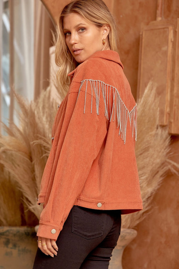 CORDUROY JACKET WITH RHINESTONE BACK - RUST