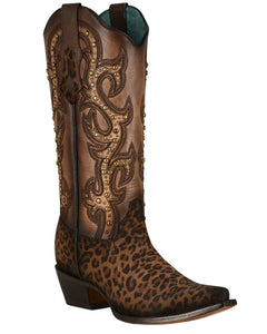CORRAL WOMEN'S SAND LEOPARD PRINT AND EMBROIDERY STUD BOOT C3777