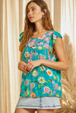 FLUTTER SLEEVES ROUND NECKLINE TOP - Emerald