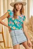 FLUTTER SLEEVES ROUND NECKLINE TOP - Emerald
