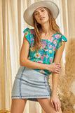 FLUTTER SLEEVES ROUND NECKLINE TOP - Emerald